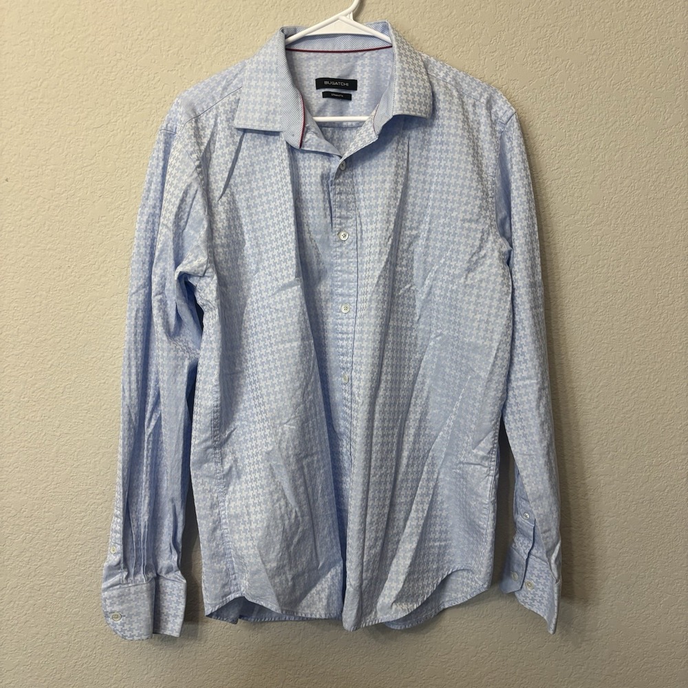 Bugatchi Button Up Long Sleeve Light Blue Shirt 100% Cotton Men's Size L Shaped